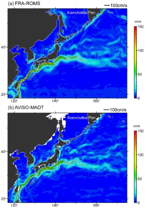 Figure 3. Twenty-year means of current velocity at the sea surface in (a) rea-nalysis data and (b) altimetry-derived absolute geostrophic velocity data