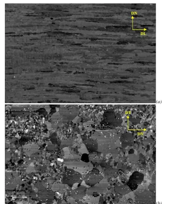 Fig. 1: Micrograph showing the microstructure of the as- received material: a) longitudinal section; b) cross-section