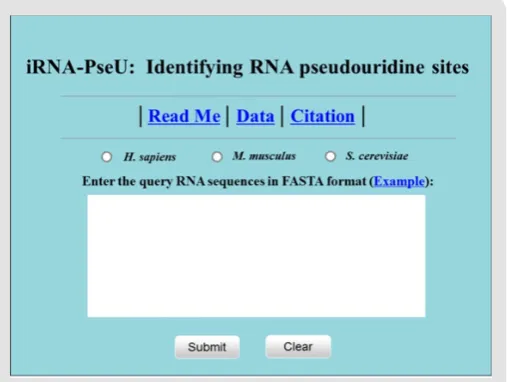 Figure 1:  A semi-screenshot for the top-page of the iRNA-PseU web-server at http://lin-group.cn/server/iRNA-PseU  (Adapted from [1] with permission).