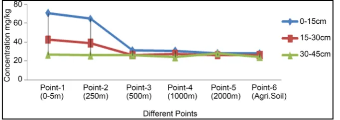 Figure 3. Concentration of Pb in soil samples of different distance and depth. 