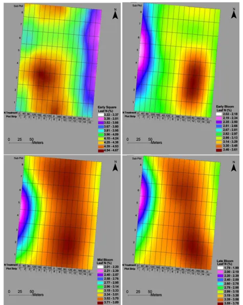 Figure 5. Arcview maps of leaf N at the early square and early, mid, and late bloom stages in the N experiment at Gibson in 2011