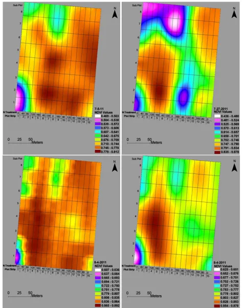 Figure 8. ArcView maps of canopy NDVI at the early square and early, mid, and late bloom stages in the N experiment at Gibson in 2011