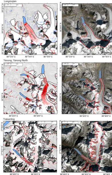 Figure 3. Examples of surface elevation change and total area change over the study period on lacustrine-terminating glaciers