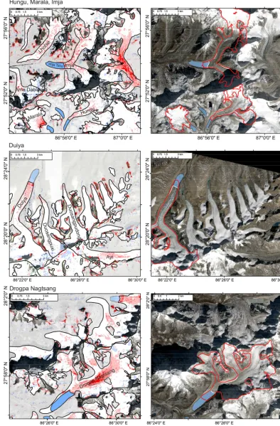 Figure 4. Further examples of glacier surface elevation change and total area change over the study period on lacustrine-terminating glaciers.Semi-transparent, off-glacier differences are also shown.