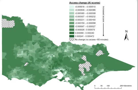 Figure 5 Change after addition of Luo and Whippo’s variable catchment size function (compared to crude 2SFCA method with slowstep-decay).