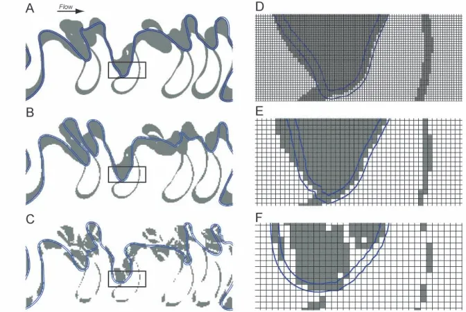 Figure 3. Simulations of a meandering river using grid-based bank-material tracking. 
