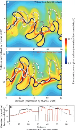 Figure 8.  Elevation above the original surface is normalized by channel depth; distance is normalized to channel width