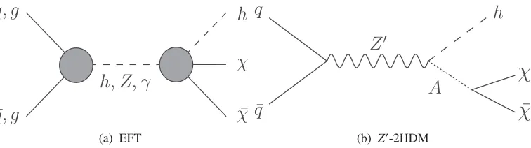 FIG. 1.Feynman diagrams for (a) the EFT and (b) the Z0-2HDM models. The χ is the DM particle