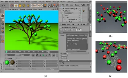 Figure 1: (a) Screenshot showing the plug-in with a binary tree; (b,c) polymerization model