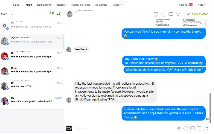 Figure 10.  A user’s feedback of “CSC StudentBuddy” chatbot  (Source: screenshot from Facebook.com)  