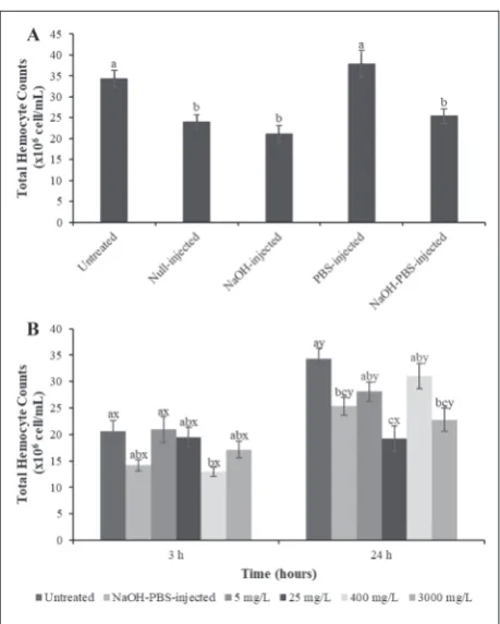 Fig. 2. Total hemocyte counts (x106 cell/mL) of A. grisella larvae in control groups (A) and in kinetin-treated groups (B)