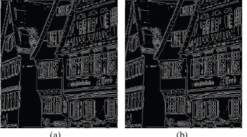Figure  13. Fixed-point Matlab software and FPGA hardware simulation results using the proposed algorithm for the 512× 512 House image with a block size of 64 × 64 and a 3 × 3 gradient mask: (a) Edge map of Matlab implementation; (b) Edge map of FPGA imple