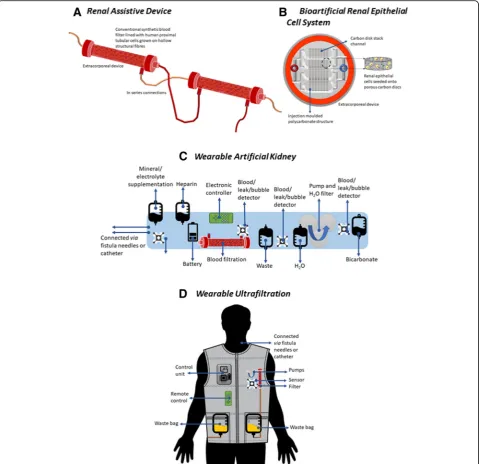 Fig. 1 Schematic representation of cell-integrated and wearable artificial kidney devices