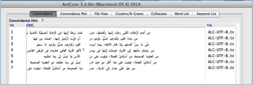 Figure 4: Columns of Arabic concordances in AntConc were shown in the opposite direction 