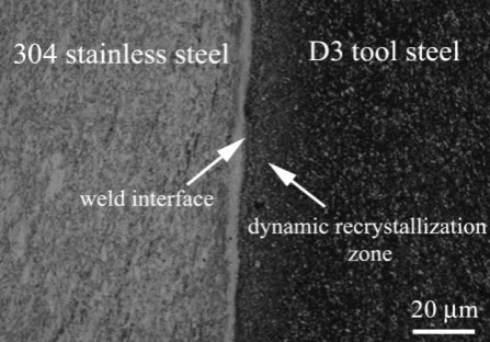 Fig. 2. The microstructure of the weld interface showing the deformation zones on tool steel side