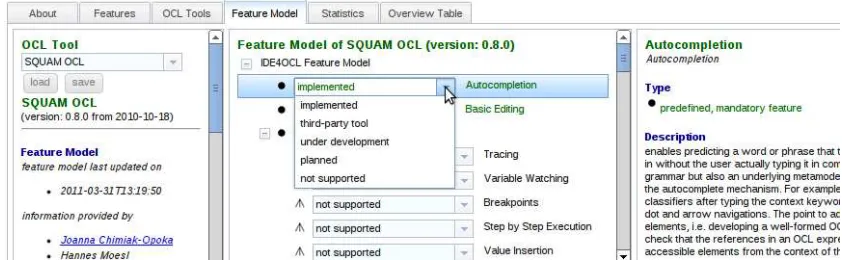 Figure 3: A partial screen shot of the data gathering view. From the left: tool description, featuremodel, and feature details.