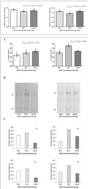 Fig. 1. RGR from molting to the 3rd instar until the 3rd day of the 5th instar of L. dispar larvae from unpolluted (UP) and polluted (PP) popu-lations fed with an artificial diet supplement-ed with 5 ng B[a]P/g DW and 50 ng B[a]P/g DW of benzo[a]pyrene (B[