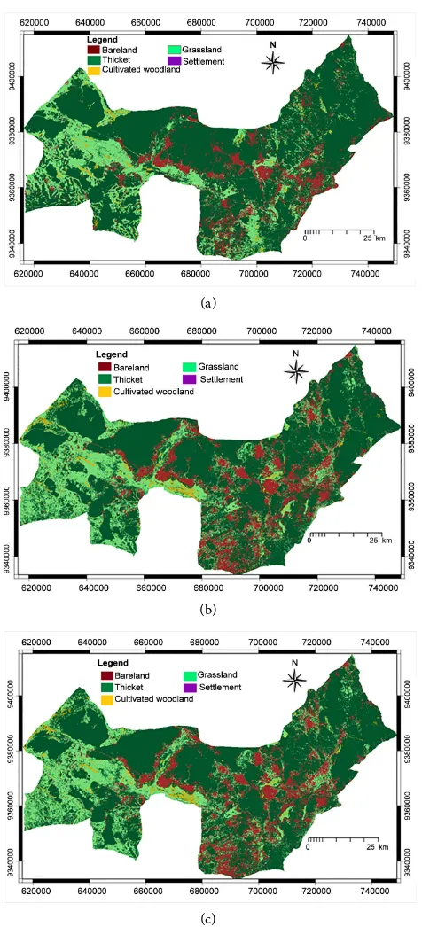 Figure 2. (a) Land cover map of Itigi thicket for 1991; (b) Land cover map of Itigi thicket for 2000; (c) Land cover map of Itigi thicket for 2011