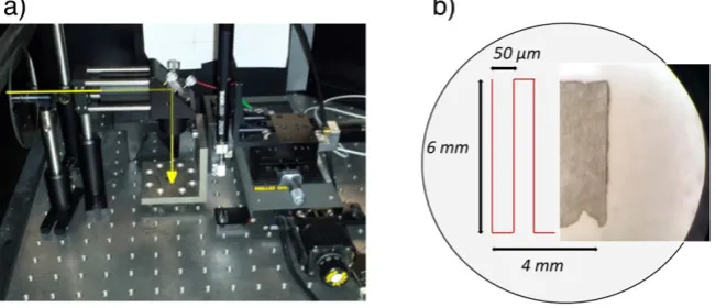 Fig. 1. a) Layout of the Yb-KGW crystal based 1 GHz laser set up; b) laser irradiation pattern (magniﬁed red lines) and optical image (darker area has been irradiated) of the surface of apressed calcium phosphate pellet.