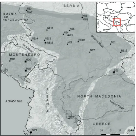 Fig. 2. Map of the sampling localities of identified genetic clades (this study) with surrounding samples used from GenBank