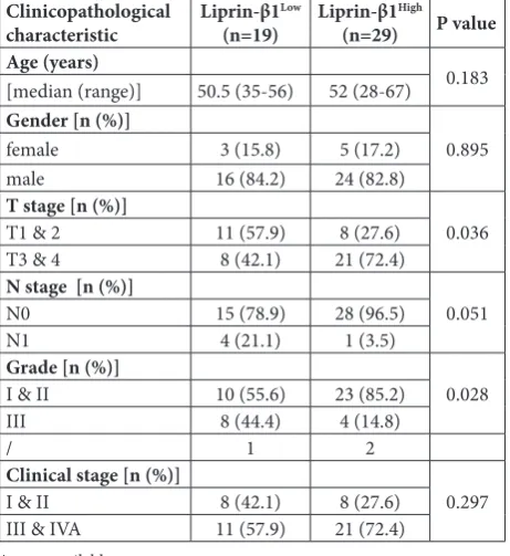 Table 1. Relationship between clinicopathological characteristics and liprin-β1 protein expression in hepatocellular carcinoma