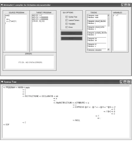 Figure 3.  The graphical user interface of the compiler showing the compilation of a sample program containing a numeric expression