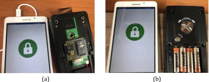 Fig. 3. The operation of the proposed system: (a) The integrated component configuration with door lock, Arduino and Tablet PC, (b) opening/closing function with smartphone application