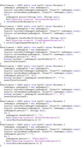 Fig. 4: Example test suite generated by EvoSuiteFigure on the example class from 1a, when using the JEE improvements presented in this paper.