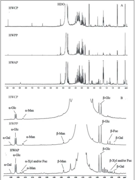 Table 2. Quantitative ratio of the monosaccharide components after acid hydrolysis in samples HWCP, HWPP and HWAP according to their 1H-NMR spectra.