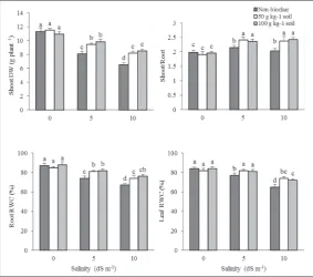 Table 2. Root characteristics of mung bean plants under different biochar treatments and salt stress.