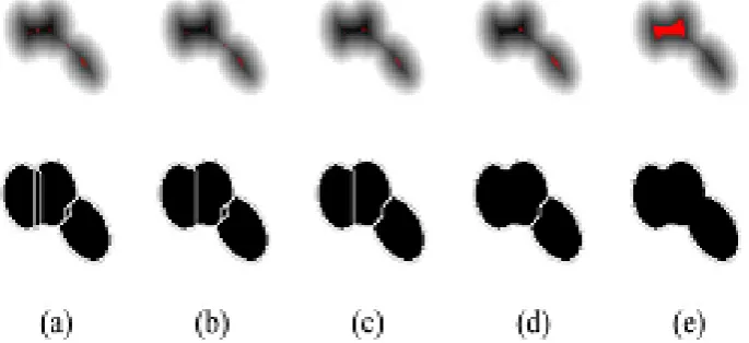 Figure 2. Regional Minima Marked In Red (Upper Row) And Watershed Segmentation Results With Several H- Values: (A) H = 0, (B) H = 1, (C) H = 2, (D) H = 5, And (E) H = 47