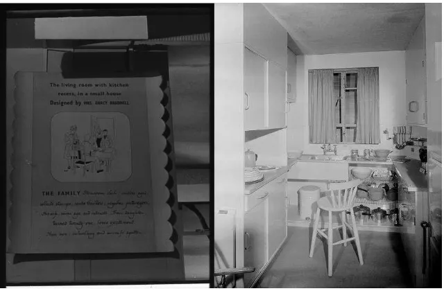 Fig. 2 Left Signage for the living room with kitchen recess in a small house designed by Mrs Darcy Braddell: one of the Furnished Rooms at the ‘Britain Can Make It’ Exhibition, 1946