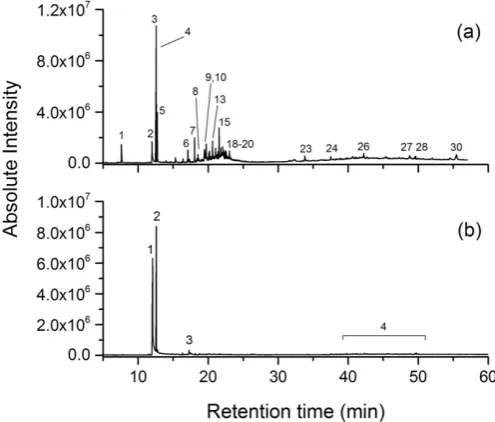 Fig. 7. Py-GC-MS chromatogram of compounds desorbed at 300 °C from: (a), black smoke.Key: 1