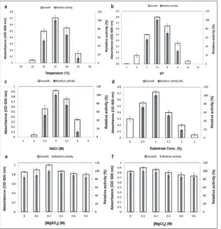 Fig. 5. Effect of different conditions concentration (M – molarity); MgClmicrobial growth and chitinase production (three separate experiments; bars indicate ±standard deviation; the absence of bars indicates that errors were smaller than the on growth and