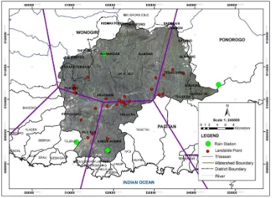 Figure 2. Location of a rain gauge and landslide point in the Grindulu watershed. 