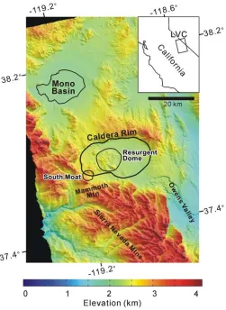 Figure 1.3.  Reference map of Long Valley Caldera and the resurgent dome during the 1997–98 inflation episode