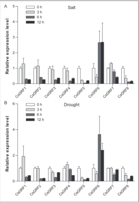 Fig. 5. Expression of CsGRF genes in response to salt (A) and drought (B) stress treatments