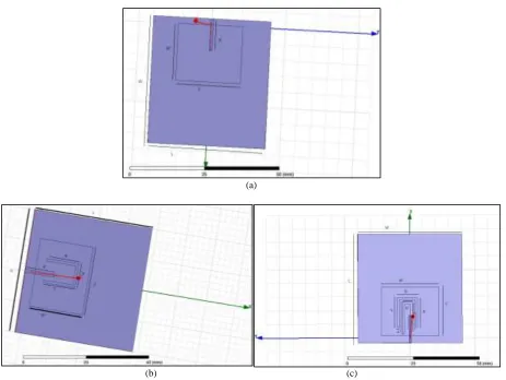 Fig. 1: Front view (a), (b), (c) of Proposed Multiband Antenna. 