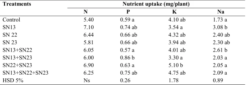Table 5.Total N uptake, P, K, and Na of root due to the effect of endemic saline bacteria 