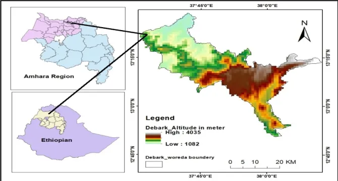 Figure 1. Location of Debark Woreda in the State and National Setting [Own Map]