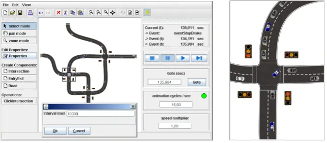 Figure 1: Screenshots: (a) editor during animated simulation, (b) zoomed