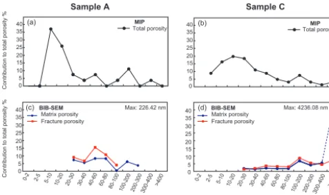 Figure 12. Pore radii and fracture aperture distributions from MIPcompared to image analysis of BIB-SEM images