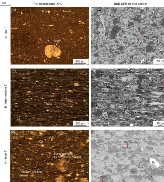 Figure 7. Thin section (a, c, e) and backscatter electron images (b, d, f) of slate microstructures collected along the N–S metamorphic gra-dient