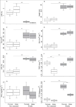 Fig. 1. Differences between male and female M. perennis from sunny and shaded sites. A – leaf area removed (LAR);B – height; C – total leaf area (TLA); D– specific leaf area (SLA); E – leaf water content (LWC); F – total soluble protein content (TSPC); G – total phenolic content (TPhC);H – total condensed tannins (TCT);white boxes – sun exposed site; gray boxes – shaded site; bold lines in the middle of the boxes indicate the mean value; the boxes indicate mean±SE; the error bars show mean±SD; p-values according to nested ANOVA and LSMeans test, **p<0.01, ***p<0.001.