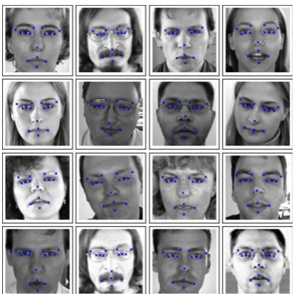 Fig. 9. Visualization of the sample face images with the predicted key points marked by blue crosses