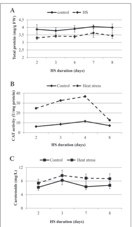 Fig. 3 The relationship between the duration of moderate heat stress (HS) and the concentrations of Chl a (-◆-), Chl b (-■-) and Chl a+b (-▶-) in E