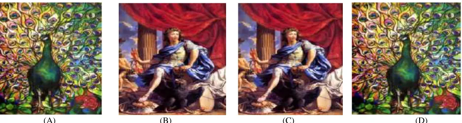 Fig. 5: Experimental results of the proposed method. (A) Cover image (B) Target image (C) Mosaic image created with tile image size 8x8 (D) Recovered cover image using a correct key with RMSE=0.948 