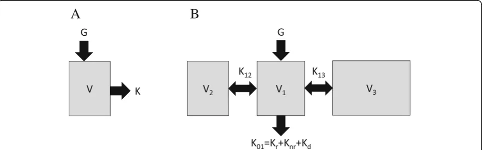 Fig. 1 Schematic diagram of single-pool (one-compartment) model (a) and three-compartment model (b)