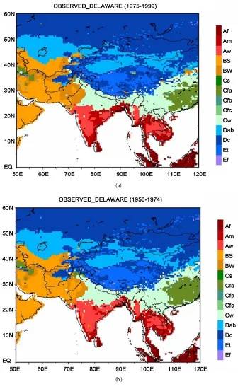 Figure 6. (a) Observed Köppen climates for the period 1975-1999; (b) Same as (a) but for the pe-riod 1950-1974