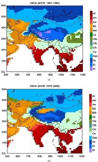 Figure 7. (a) Model Köppen climates for the period 1961-1990, (b) Same as (a) but for the period 2070-2090